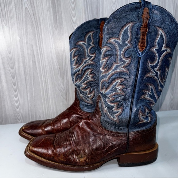 Justin Square Toe Men’s 9.5 D Leather Cowboy Boots Blue Upper Western - Picture 1 of 10